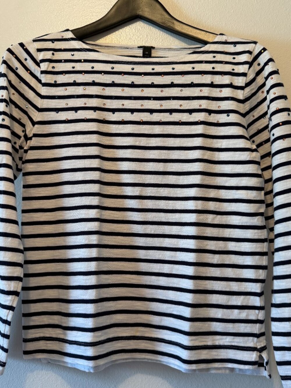 J.Crew XS Navy & White Striped Rhinestone Top | 100% Cotton Nautical Shirt Women